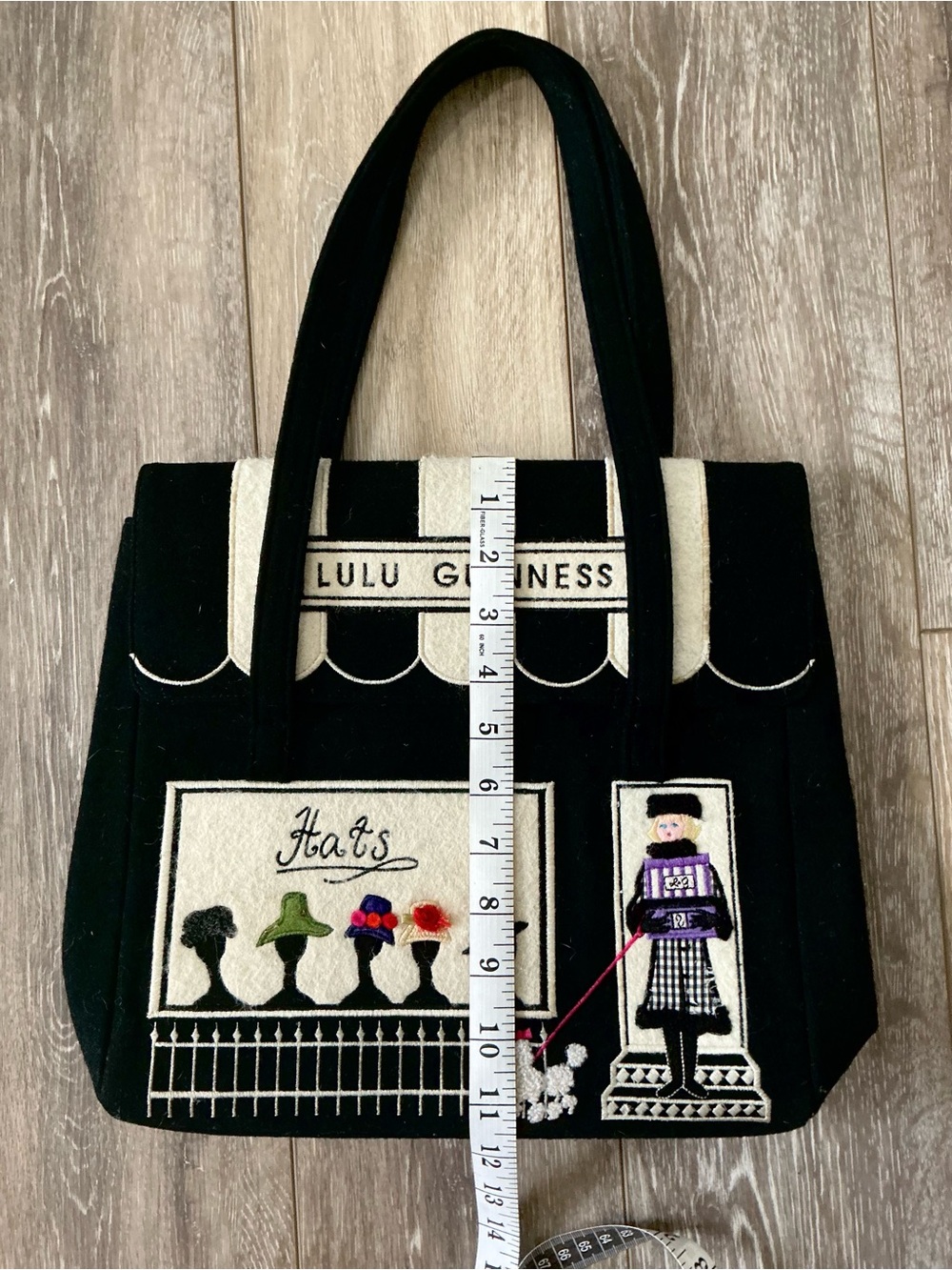 Vintage Lulu Guinness "Hats" store-front embroidered wool felt tote bag - Picture 6 of 7